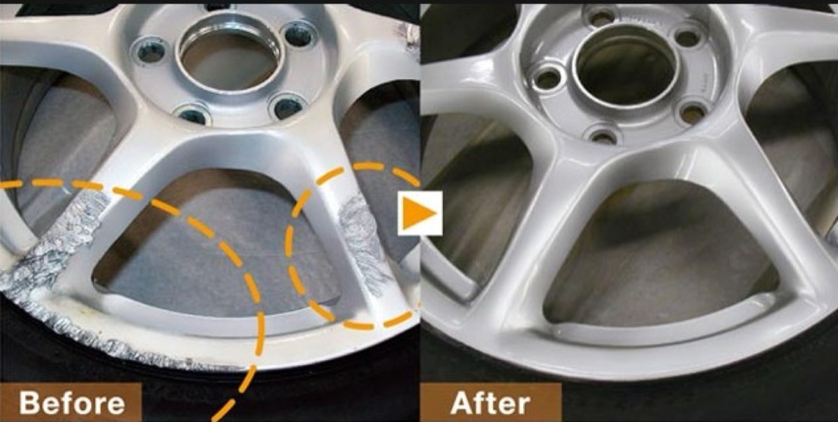 ハイパーシルバーホイールの特殊塗装キズ修復 Before/After 岐阜 G-TEC