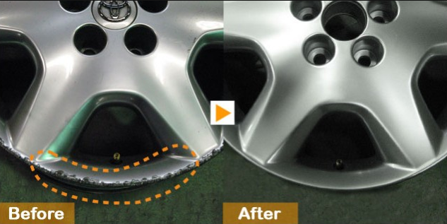 シルバー塗装アルミホイールのガリ傷・キズ修復 Before/After 岐阜 G-TEC